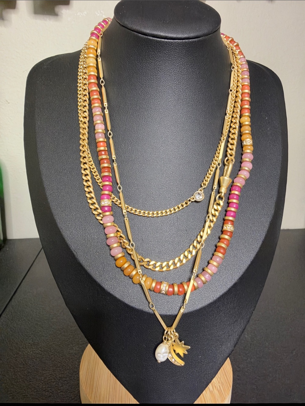 Loft Gold Multi-Strand Pink & Tan Beaded Pendant Necklace